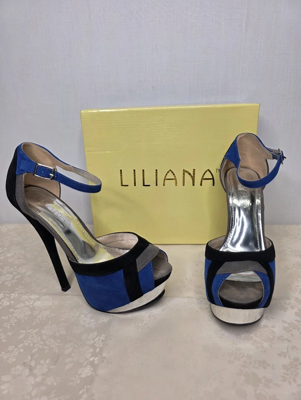 Liliana Colorblock Platform Heels Blue Black Grey Ankle Strap Stilettos 7.5